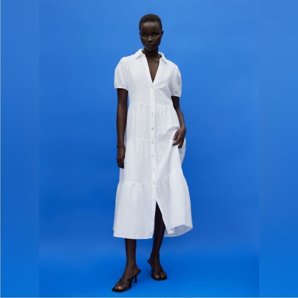 Zara White Tiered Midi Dress with Button Detail